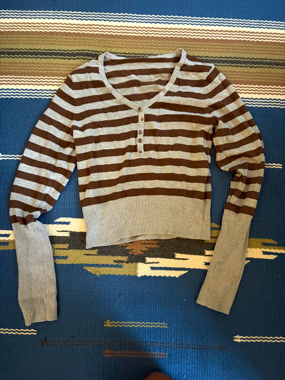 Striped Long Sleeve Henley Top in Brown and Cream